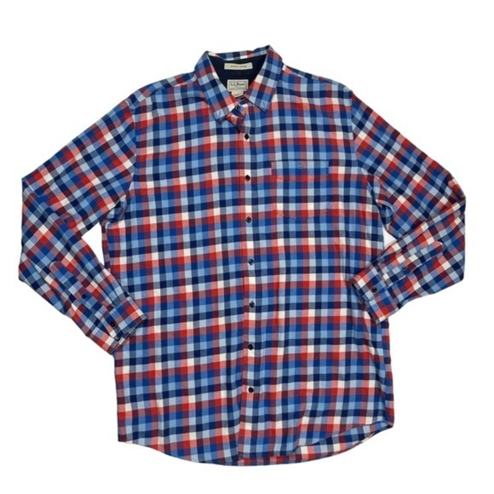 LL Bean Men's Slightly Fitted L/S Plaid soft‎ Button Up Flannel Shirt Large Tall